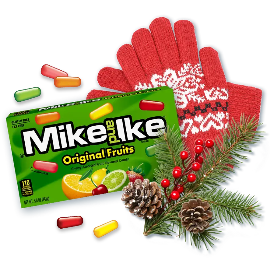 Mike & Ike Original Fruits with gloves and holiday pine trimmings 